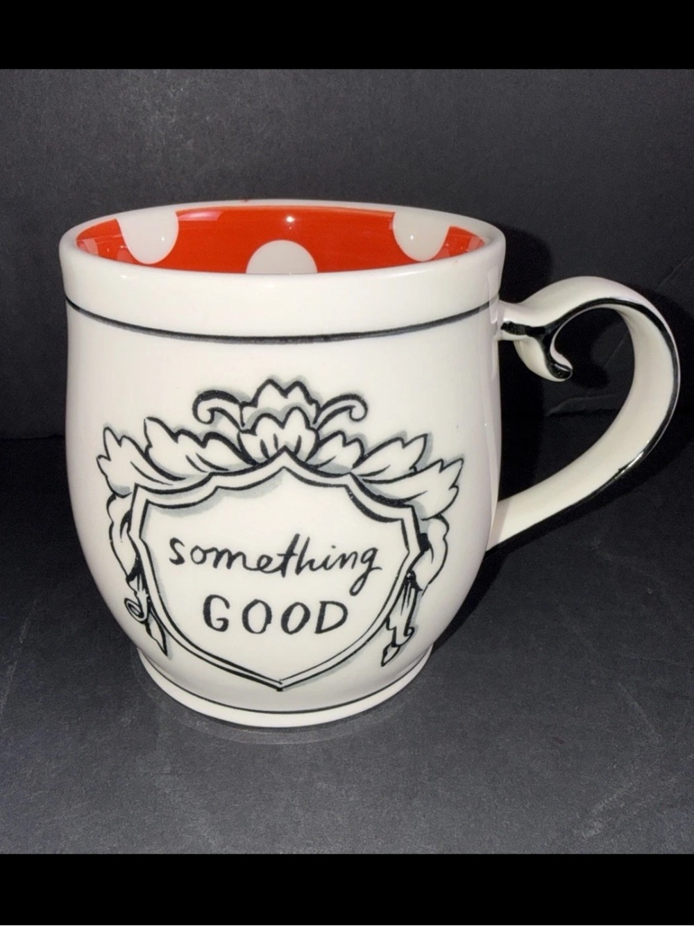 Anthropologie Molly Hatch Mug Cup Coffee “Something Good" Polka Dots Shield EUC